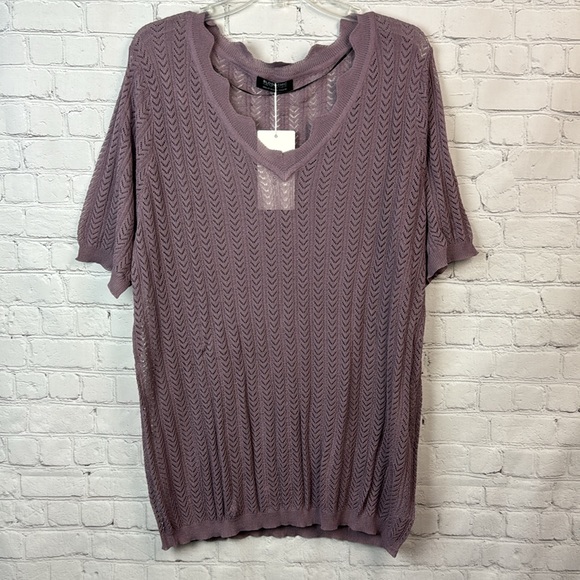 BloomChic Purple Geometric Sheer V Neck Knit Top Plus Size 2X - Picture 2 of 6